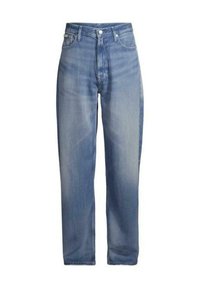 Jeans azzurri chiaro a vita alta in denim. Design a gamba dritta con sfumature sottili e classica vestibilità a cinque tasche.