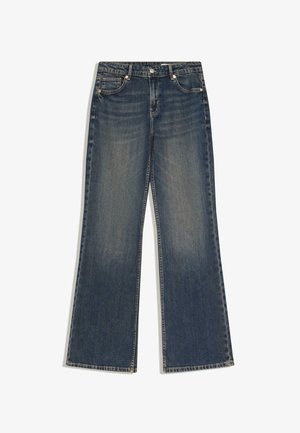 Mörkblå denimjeans med hög midja, raka vida ben, knäppning med framknappar och dragkedja samt design med fem fickor.