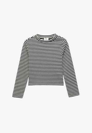 Schwarzes und weißes gestreiftes Langarm-Crop-Top aus geripptem Stoff mit rundem Halsausschnitt und figurbetontem Design.