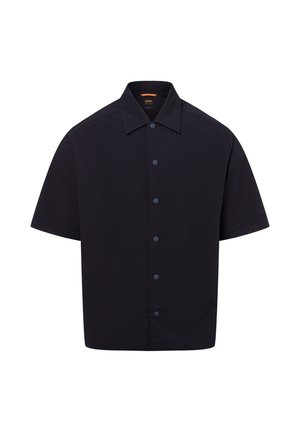 Korte mouwen, overhemd met knopen in effen marineblauw stof. Beschikt over een gestructureerd oppervlak, een puntige kraag en contrasterende knopen aan de voorkant.
