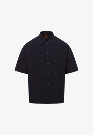 Korte mouwen, overhemd met knopen in effen marineblauw stof. Beschikt over een gestructureerd oppervlak, een puntige kraag en contrasterende knopen aan de voorkant.