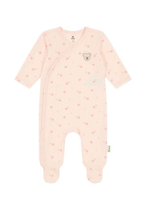 Weicher, rosafarbener Baby-Body mit langen Ärmeln, Fußteil, kleinen rosa Blumenmustern, Druckknöpfen und einem Teddybärgesicht-Patch auf der Brust.