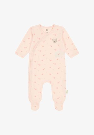 Mameluco rosa suave para bebé con mangas largas, piernas con pies, pequeños estampados de flores rosas, botones a presión y un parche con la cara de un osito en el pecho.