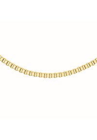 Collier en chaîne métallique dorée avec des maillons rectangulaires au fini brossé, s'assemblant parfaitement pour un design lisse et flexible.