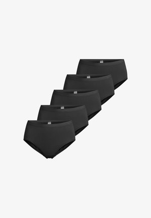 Lot de cinq culottes hipster en coton noir. Caractéristiques d'une finition lisse, d'une taille élastique et de bords sans coutures pour le confort.