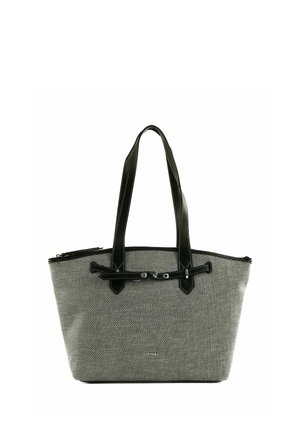 Sac cabas gris texturé avec poignées en cuir noir et sangle à boucle sur le devant, fermeture à glissière sur le dessus, sur fond blanc.