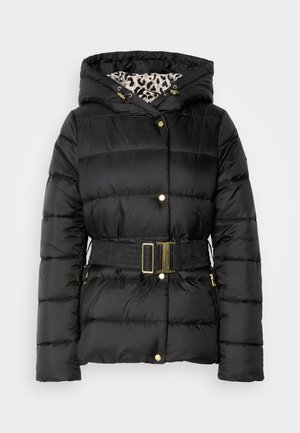 Zwarte pufferjas met capuchon, met een ceintuur in de taille, gouden accenten en een voering met luipaardprint. Gequilt design met zijzakken.