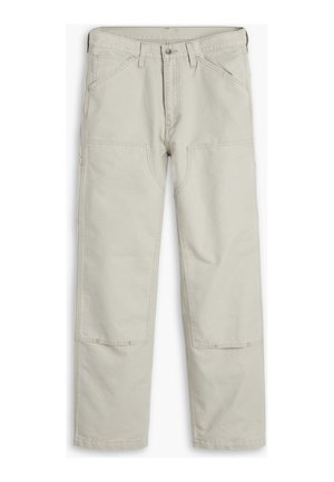 Light gray cotton pants featuring a straight cut, multiple pockets, reinforced knee patches, and contrasting stitching details.