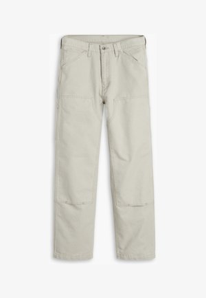 Light gray cotton pants featuring a straight cut, multiple pockets, reinforced knee patches, and contrasting stitching details.