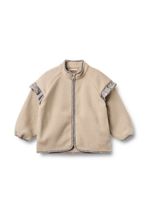 Beige fleecejack met een volledige ritssluiting aan de voorkant, lange mouwen, gerimpelde grijze stof met patroon details op de schouders en grijze biezen langs de randen.
