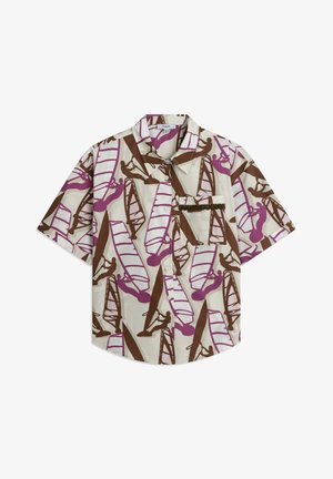 Short-sleeve collared shirt in cream with brown and purple windsurfing print. Features a chest pocket and button-down front. Lightweight fabric.