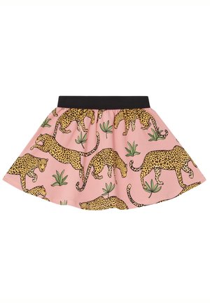 Rosa Rock mit einem Leopardenmuster und grünen Pflanzelementen. Schwarzer elastischer Bund. Ausgestelltes Design mit glatter Textur.