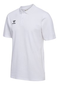 Witte polo van katoen, met een knoopsluiting met drie knopen, korte mouwen en een zwart logo op de linkerborst.