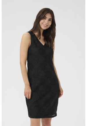 Black sleeveless dress with a V-neck, featuring intricate floral lace pattern, fitted shape, and a slightly textured surface.