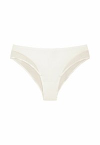 Unterwäsche für Damen in Cremefarbe mit glattem Stoff, minimalen Nähten und einem tief sitzenden Design mit transparentem Seiteneinsatz.