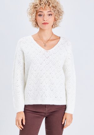 DURCHBROCHENER MIT V-AUSSCHNITT - Pullover - ecru