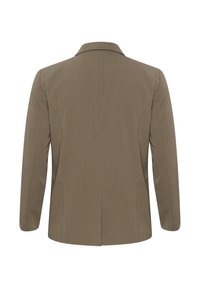Hnědý strukturovaný blazer s jedním zadním rozventem, klopami, a hladkým materiálem, který má dvě boční kapsy a upravené švy.