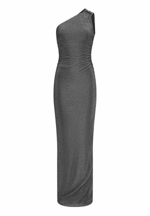 Robe asymétrique à une épaule en tissu métallique gris foncé avec texture froncée et détails de ruché sur le côté, mettant en valeur un accent de quincaillerie décoratif.