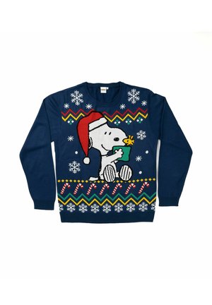 Navy blue sweater featuring a cartoon dog in a red Santa hat, holding a green gift. Decorated with snowflakes and festive patterns.