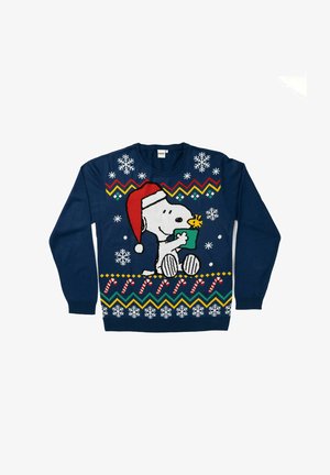 Maglione blu navy con un cane dei cartoni animati che indossa un cappello da Babbo Natale rosso, mentre tiene un regalo verde. Decorato con fiocchi di neve e motivi festivi.