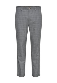 Pantalones de cuadros grises con un corte ajustado, que cuentan con un cierre de botón sencillo, pasadores para cinturón y un corte hasta el tobillo. Tejido de textura suave.