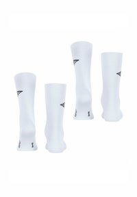 Weiße Sportsocken mit geripptem Design, ausgestattet mit einem Logo und schwarzen Akzenten. Die Socken haben eine Mittelknielänge und ein sicheres Bündchen.