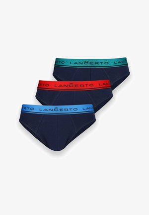 Trzy pary granatowych majtek typu slip, każda z innym kolorem pasa: turkusowym, czerwonym i jasnoniebieskim, z logo marki "LANCERTO".