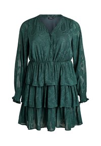 Abito verde a strati realizzato in tessuto leggero, con maniche lunghe, scollatura a V e motivi floreali testurizzati su tutta la superficie.
