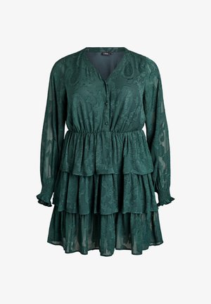 Zelena zapeljiva obleka iz lahkega materiala, ki ima dolge rokave, v-izrez in cvetlične teksturirane vzorce po celotni površini.