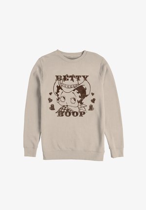 Beige sweatshirt with vintage-style brown graphic of Betty Boop wearing a cowgirl hat, surrounded by hearts, with "BETTY BOOP" text.
