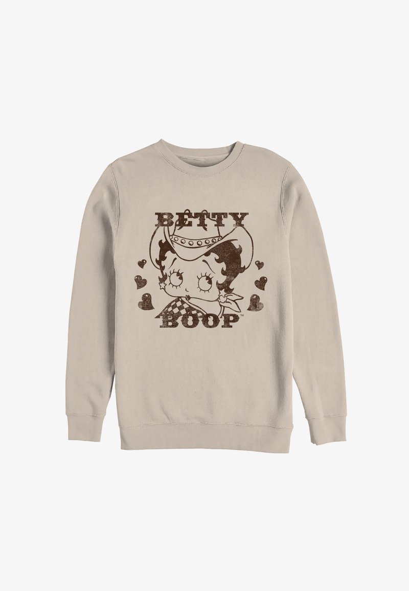 Sweat-shirt beige avec un graphique vintage marron de Betty Boop portant un chapeau de cowgirl, entourée de cœurs, avec le texte "BETTY BOOP".