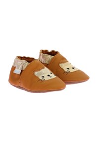 Bottines en cuir marron pour bébé avec une texture douce, un col accentué de doré, et un design de visage de chat avec des détails de couture noirs.