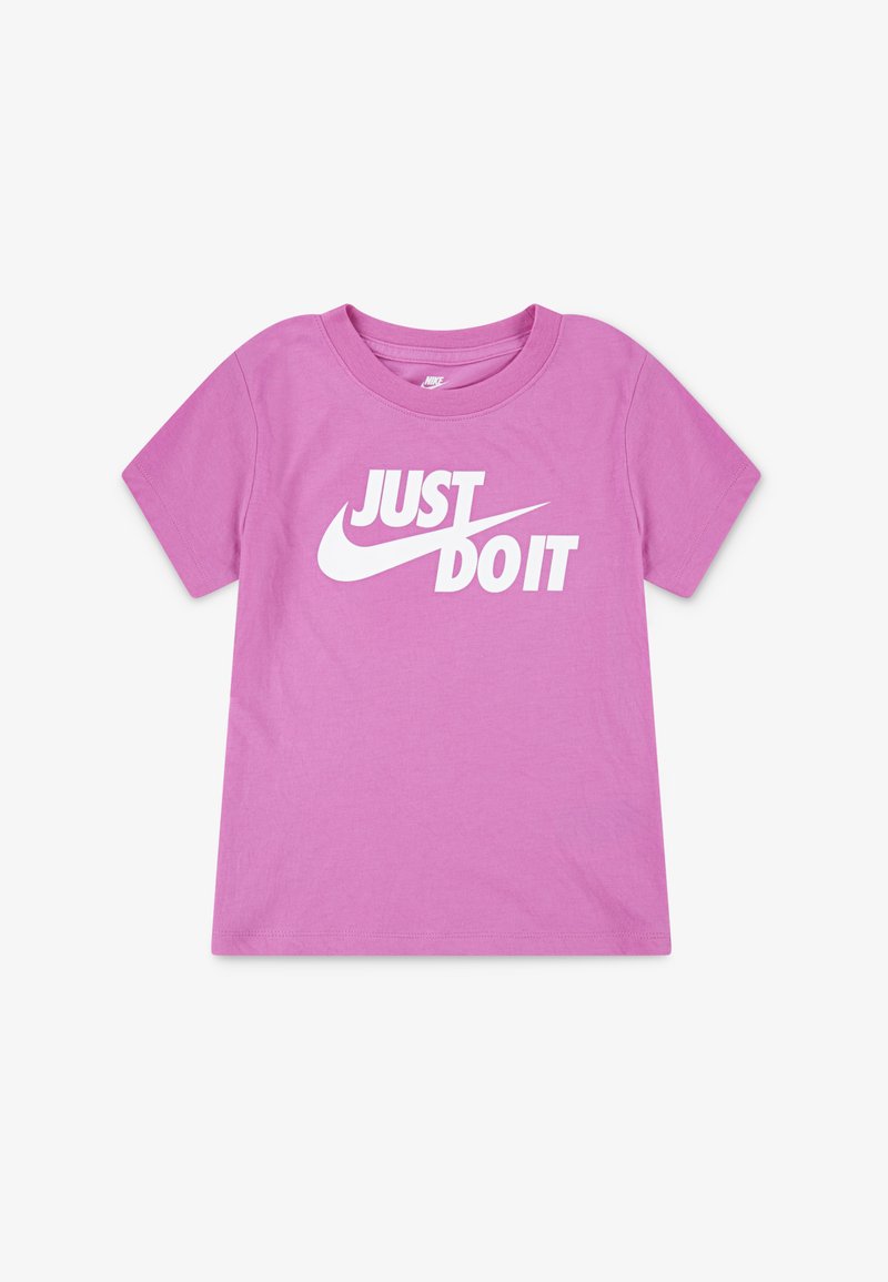 Rožinė medvilninė marškinėliai su trumpomis rankovėmis ir apvaliu iškirpimu. Pabrėžtas baltas užrašas "JUST DO IT" ir „Nike“ logotipas.
