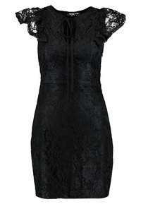 Svart spetsklänning med kort volangärmar, figurnära passform och dragsko i halsen. Invecklat blommönster över hela tyget.