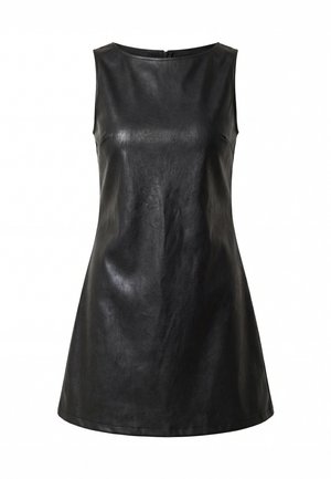 Czarna sukienka bez rękawów z ekologicznej skóry w linii A, z okrągłym dekoltem i ukrytym zamkiem z tyłu.