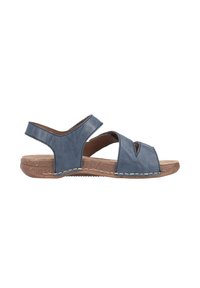 Blue leather sandal with a cork sole, featuring two wide straps and a heel strap. Contrast stitching adds detail to the design.