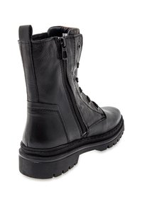 Schwarzer Leder-Stiefelette mit Reißverschluss, runder Spitze, strukturiertem Obermaterial und gummierter Sohle mit ausgeprägtem Profil für besseren Halt.