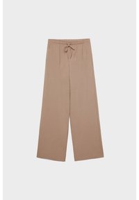 Pantalon beige à jambes larges avec taille élastique et lien à nouer à l'avant, fabriqué en tissu léger, présenté à plat sur un fond blanc.