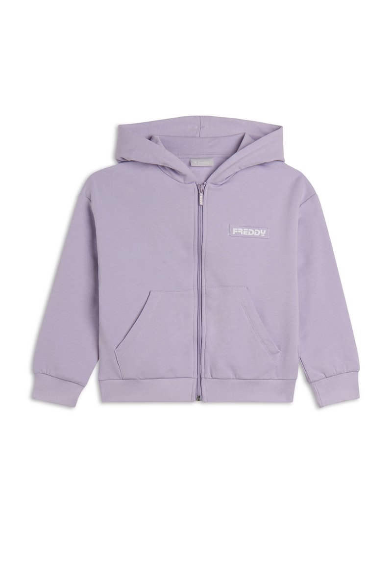 Sudadera con capucha de color púrpura claro con cremallera, hecha de tela suave, con un bolsillo delantero, puños acanalados y un logo bordado en el pecho.