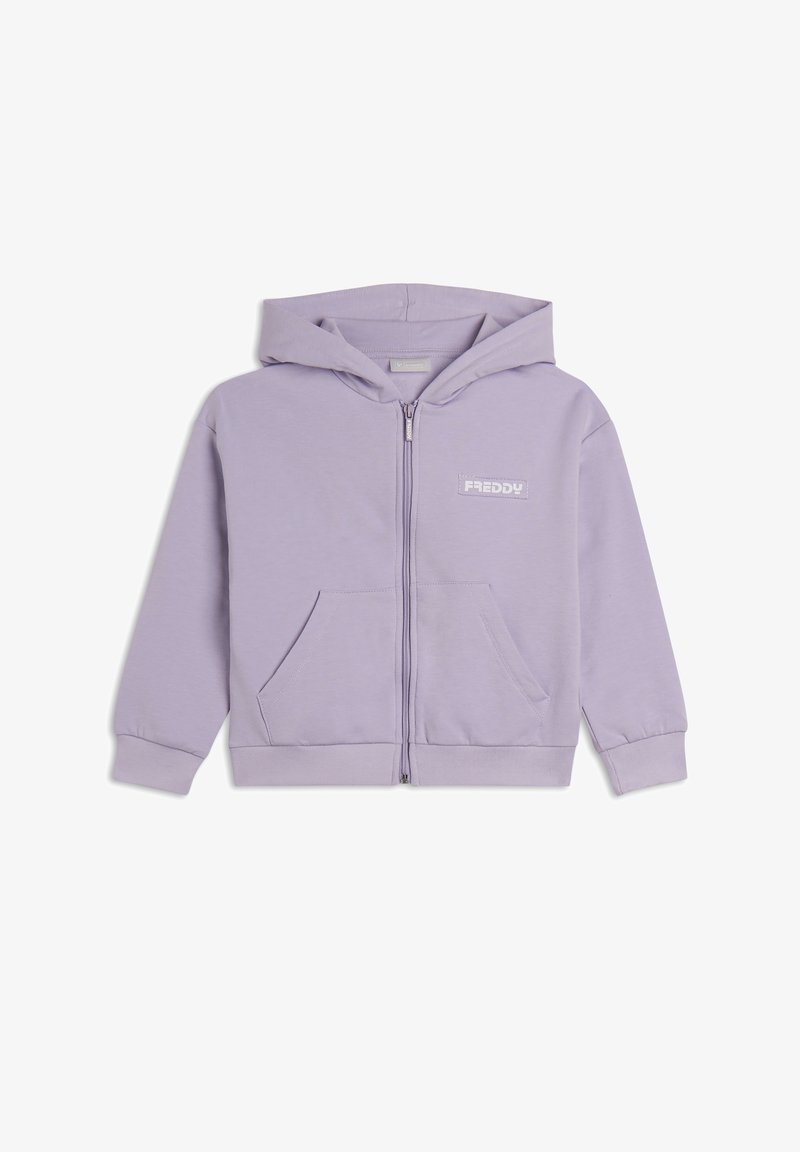 Sudadera con capucha de color púrpura claro con cremallera, hecha de tela suave, con un bolsillo delantero, puños acanalados y un logo bordado en el pecho.