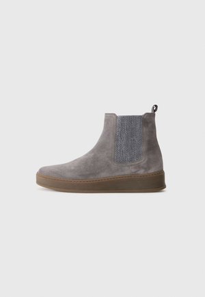 Gray suede Chelsea boot with elastic side panel and pull tab. Features a textured upper, round toe, and a rubber sole.