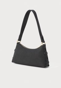 Black leather shoulder bag with gold zipper and adjustable strap, rectangular shape with slightly curved top, shown on white background.