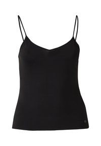 Czarna, bezrękawnikowa koszulka na cienkich ramiączkach z dekoltem w kształcie litery V, wykonana z gładkiej tkaniny. Posiada cienkie ramiączka i dopasowany krój. Minimalistyczna, bez wzorów.