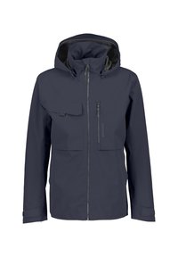 Meriväri vedenpitävä takki hupulla, jossa on kaksi etutaskua, vetoketjukiinnitys ja säädettävät hihansuut. Sileä pinta, moderni muotoilu.