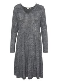 Grijze geribbelde jurk met lange mouwen, een V-hals, een gelaagde rok en textuurstof. Casual pasvorm met zacht materiaal.