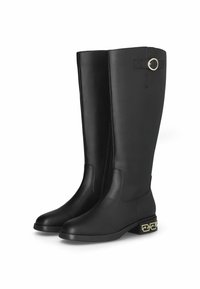 Zwarte leren kniehoge laarzen met een ronde neus, een gladde textuur en decoratieve goudkleurige hardware-accenten op de hak.