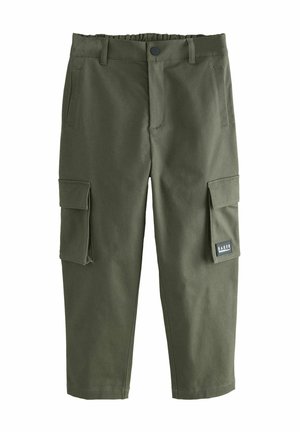 Olivgrüne Cargo-Hosen mit mittelhohem Bund, elastischem Taillenbund, seitlichen Taschen und einem Rückennahtetikett. Hergestellt aus strapazierfähigem Stoff.