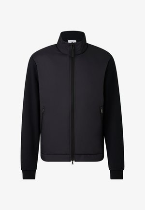 Schwarze Jacke mit hohem Kragen, doppeltem Frontreißverschluss und seitlichen Reißverschlusstaschen, langen Ärmeln und gerippten Bündchen.