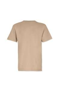 Beige cotton t-shirt with short sleeves, crew neckline, and a plain design. The fabric appears soft with a smooth texture.