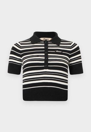 Schwarz-weiß gestreiftes Polohemd mit kurzen Ärmeln, schwarzem Kragen, Knopfleiste und ellesse-Logo auf der Brust.